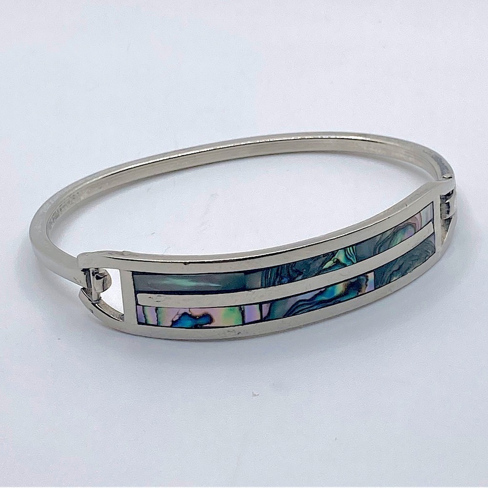 𝅺taxco Sterling Abalone Inlay Inlaid Inlayed Pinch Clasp Bangle 6.5” C / 1.7” D